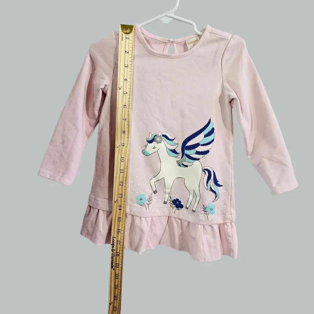 Gymboree Toddler Girls Pink Long Sleeve Pegasus Unicorn Ruffle Hem Dress 2T